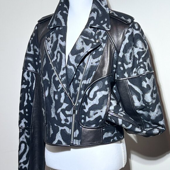 DIANE VON FURSTENBERG "THEODORA" WOOL LEATHER Grey Black MOTO JACKET Sz Med 10 - Picture 3 of 12